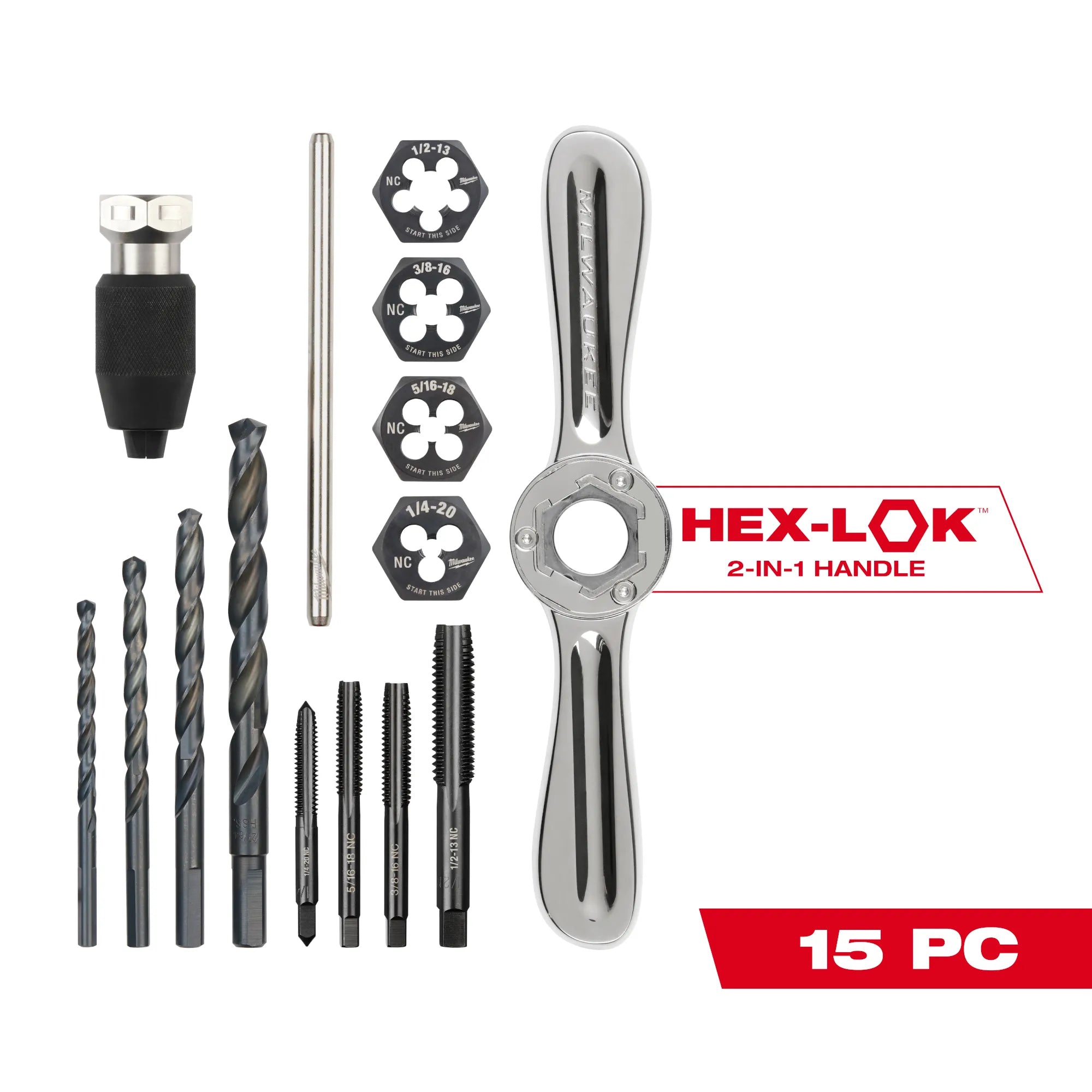 Milwaukee Tool, MILWAUKEE 15 PC. SAE Tap & Die Set w/ HEX-LOK™ 2-IN-1 Handle